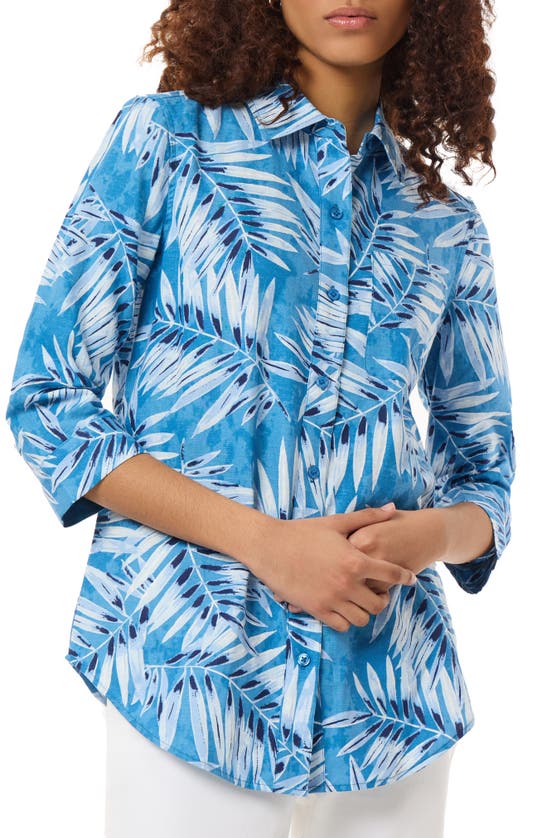 Shop Jones New York Floral Linen Blend Button-up Shirt In Blue Lagoon Multi