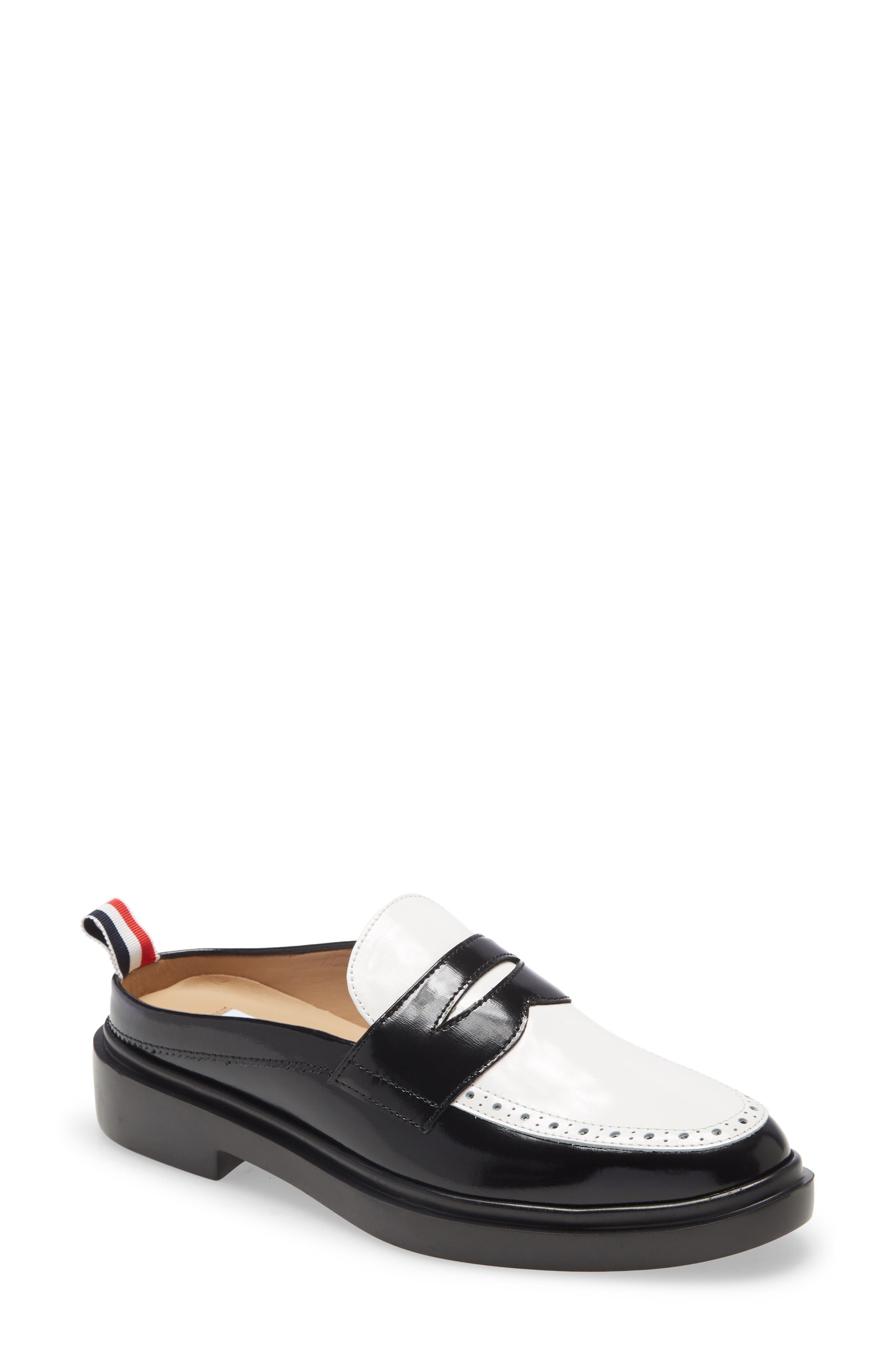 black and white penny loafers
