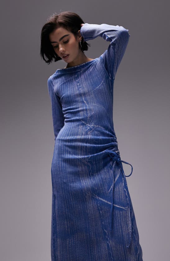 Shop Topshop Acid Wash Ruched Long Sleeve Knit Midi Dress In Medium Blue