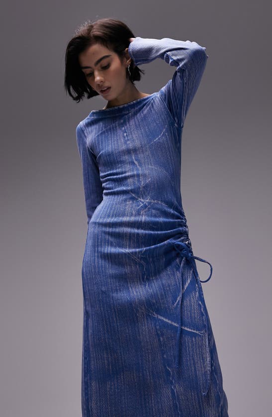 Topshop Acid Wash Ruched Side Midi Dress In Blue In Medium Blue
