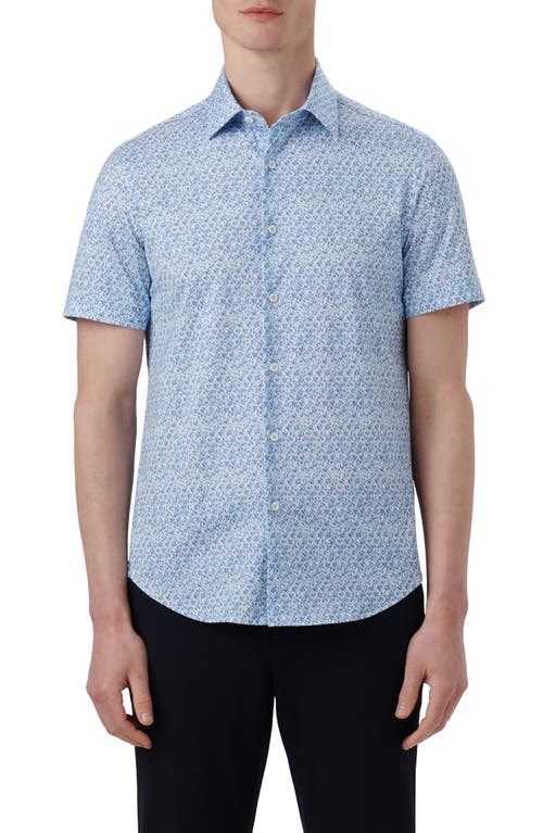 Bugatchi OoohCotton Leaf Print Short Sleeve Button-Up Shirt Air Blue at Nordstrom,