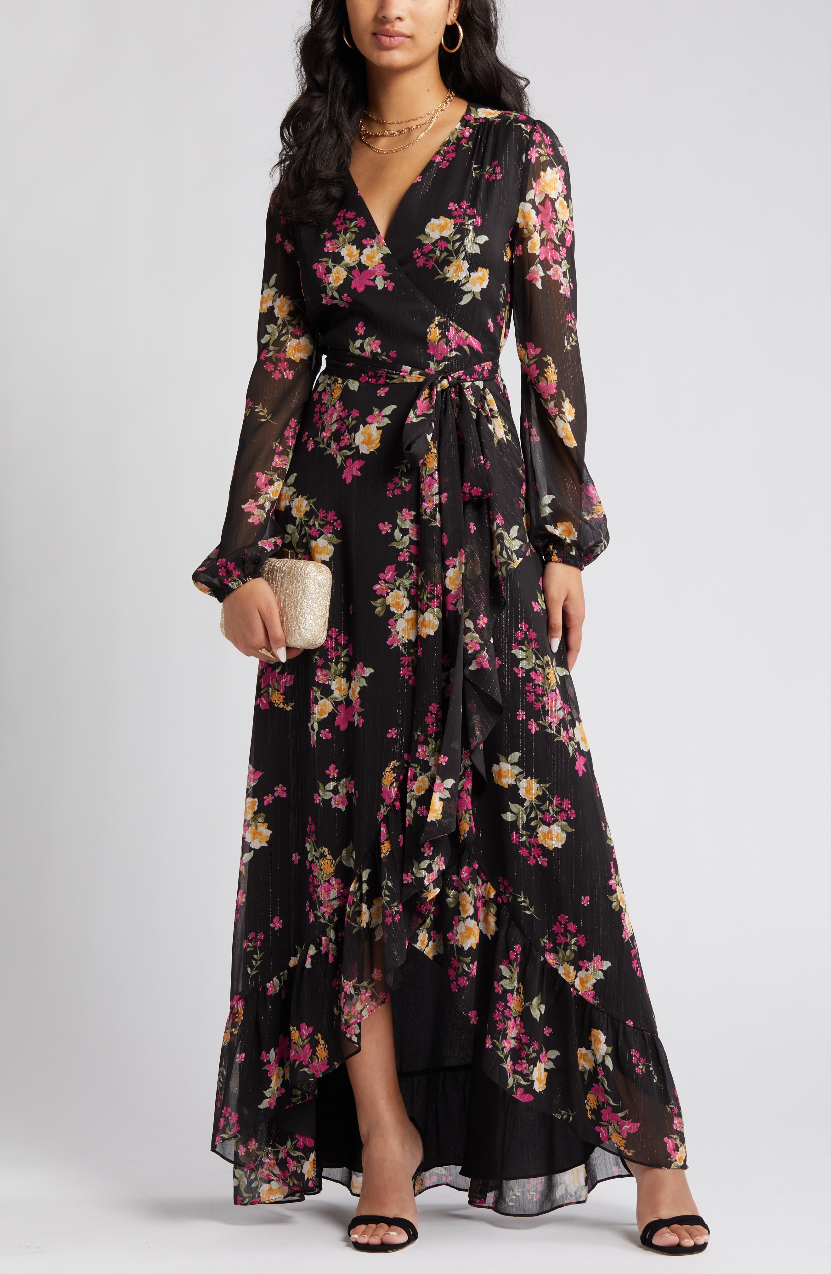 WAYF The Meryl Floral Long Sleeve Wrap Dress in Black Floral Smart Closet