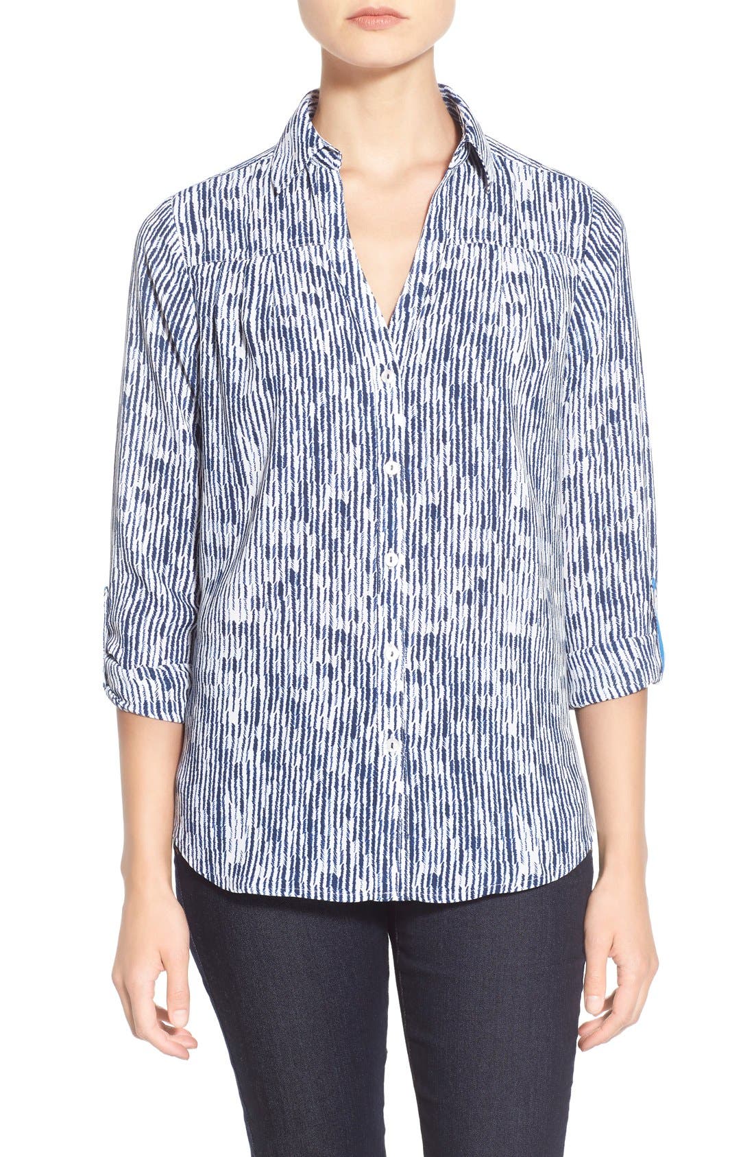 Foxcroft Soft Herringbone Print Roll Sleeve Blouse (Regular & Petite