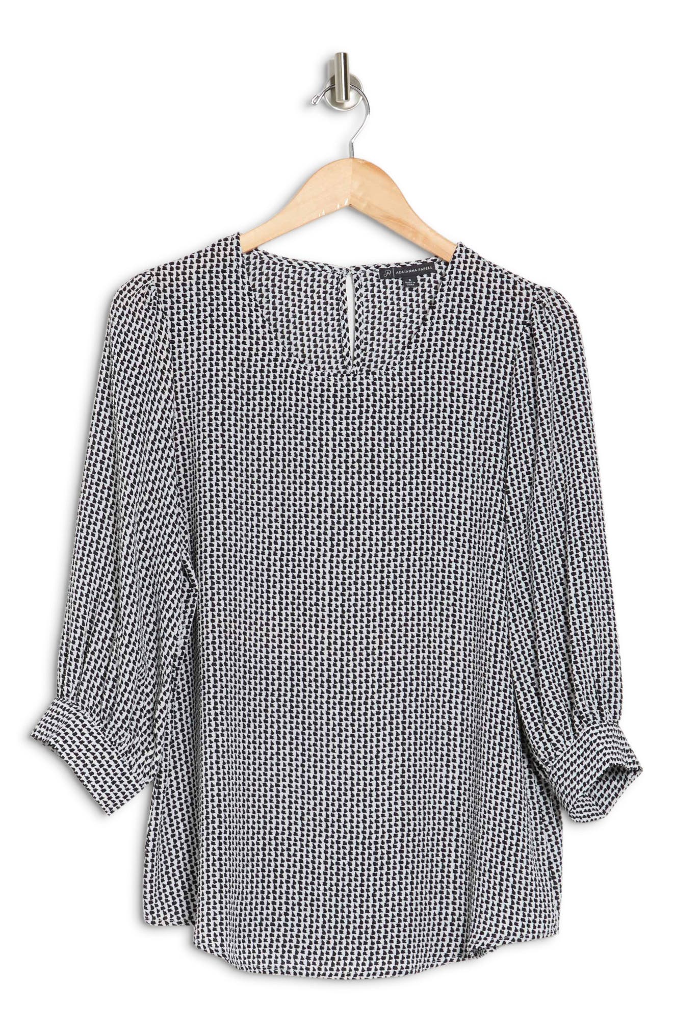 Adrianna Papell Pebbled 3/4 Sleeve Crepe Blouse In Ivory/ Black Sketch Geo