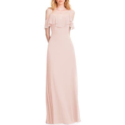 #levkoff Ruffle Shoulder Chiffon Gown, Pink