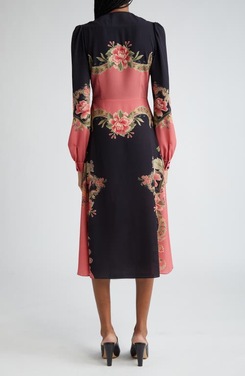 Shop Etro Placed Print Long Sleeve Stretch Crepe Dress In Navy/pink