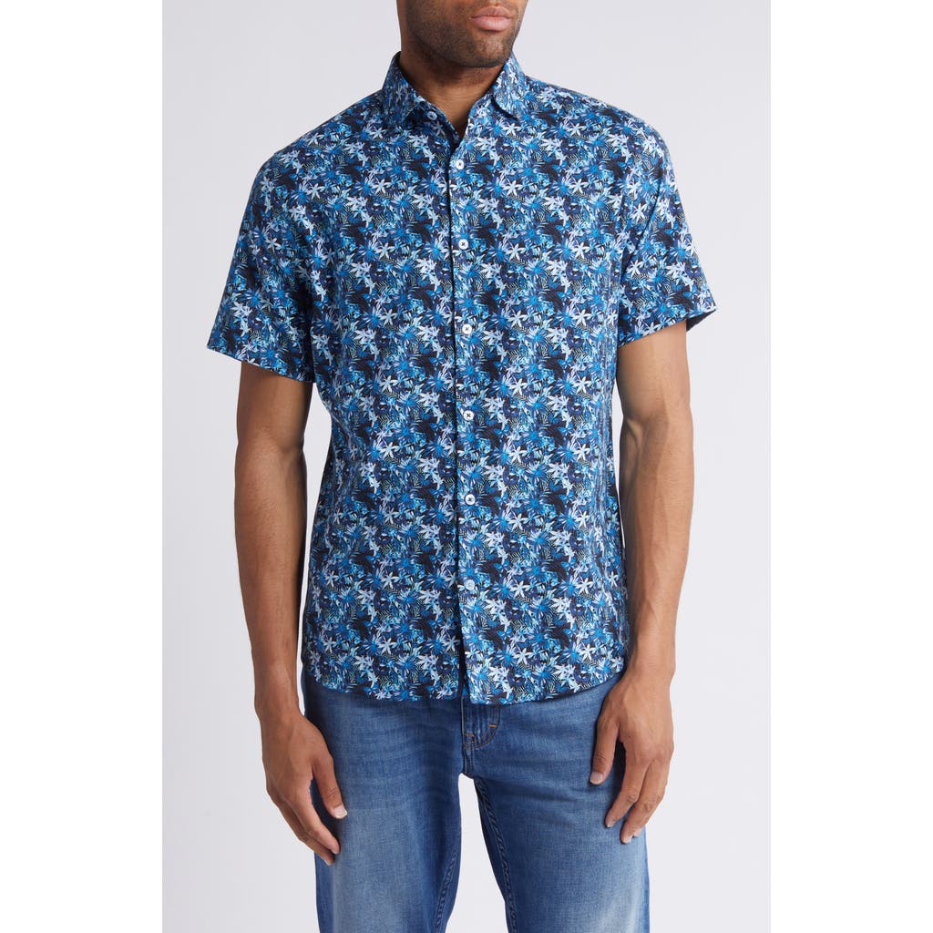 Stone Rose Floral Butterfly Print Short Sleeve Stretch Button-up Shirt In Blue