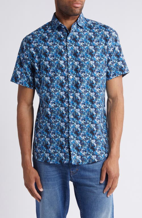Floral Butterfly Print Short Sleeve Stretch Button-Up Shirt in Navy