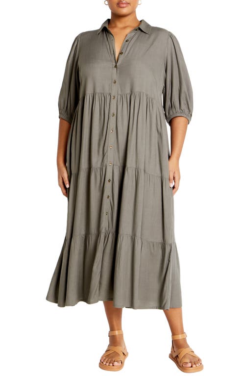 Shop City Chic Tiered Midi Shirtdress In Olive