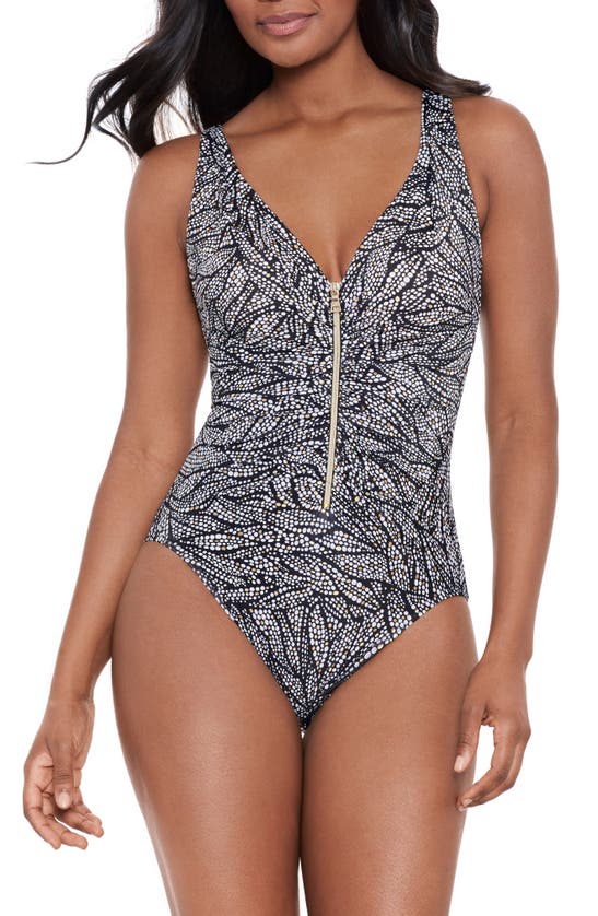 Shop Miraclesuit Shore Leave Zip-up One-piece Swimsuit In Black/ White