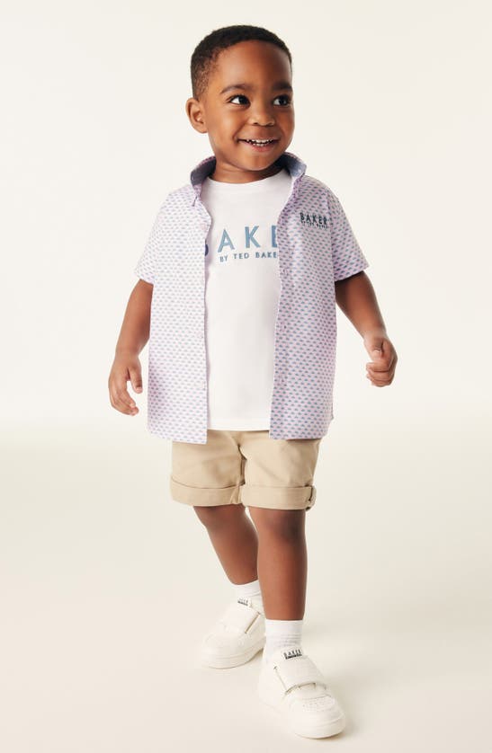 Baker By Ted Baker Kids' Cotton Graphic T-shirt & Print Short Sleeve Button-down Shirt Set In Pink