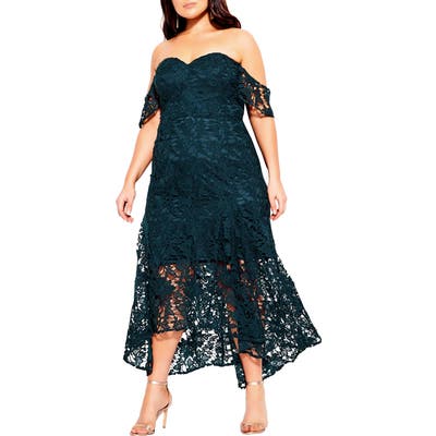 Plus Size City Chic Lace Off The Shoulder High/low Mermaid Gown, Green