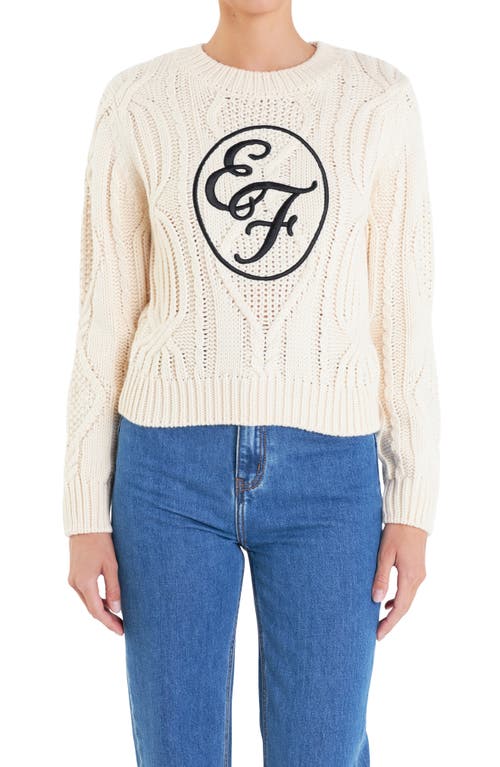 Shop English Factory Sports Club Logo Embroidered Cable Stitch Sweater In Ivory