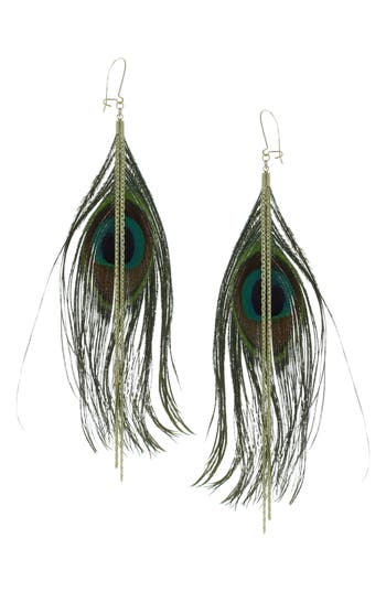 Shop Olivia Welles Peacock Feather Dangle Earrings In Gold/multi