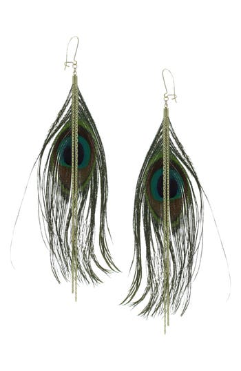 Olivia Welles Peacock Feather Dangle Earrings In Gold/multi