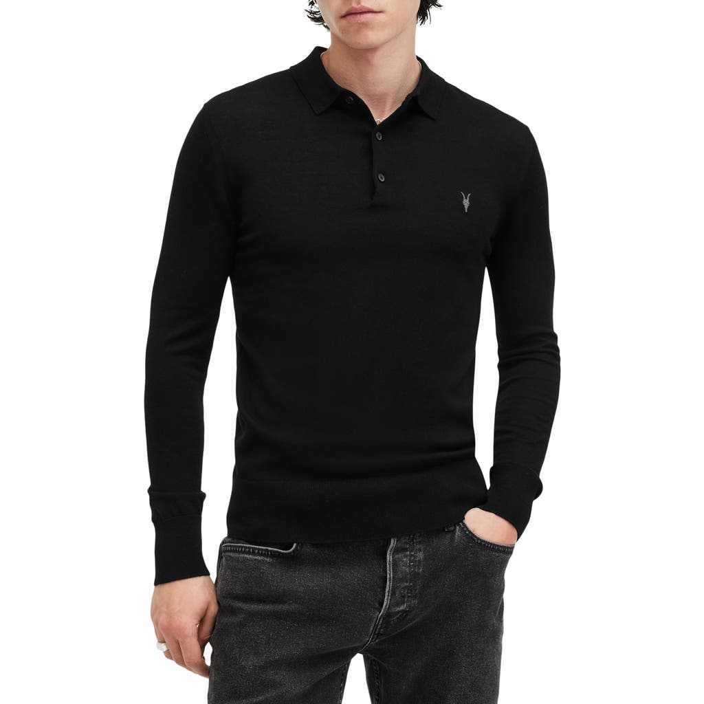 Allsaints Mode Regular Fit Merino Wool Long Sleeve Polo Sweater In Black
