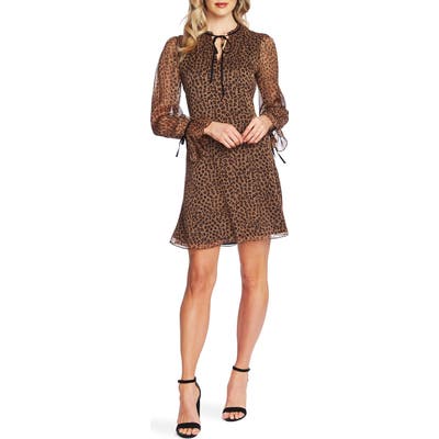 Cece Leopard Cluster Long Sleeve Party Dress, Beige