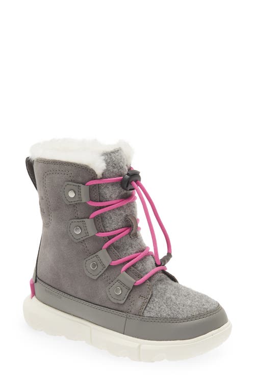 SOREL Kids' Explorer Waterproof Faux Fur Lined Boot in Quarry/Bright Lavender at Nordstrom, Size 7 M