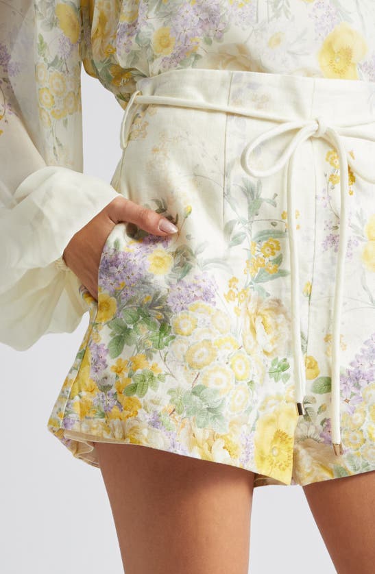 Shop Zimmermann Natura Floral High Waist Belted Linen Shorts In Citrus Garden Print