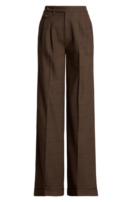 Ralph Lauren Lauren  Check Wool Wide Leg Pants In Brown/tan/purple Multi