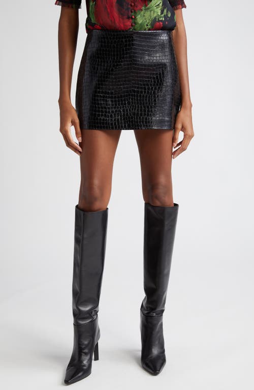 Alice + Olivia Rubi Croc Embossed Faux Leather Miniskirt in Black