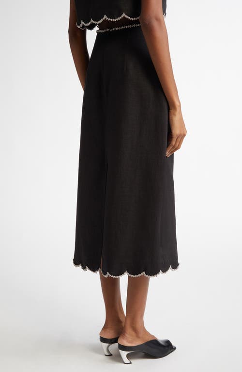 Shop Zimmermann Crystal Embellished Scalloped Linen Midi Skirt In Black