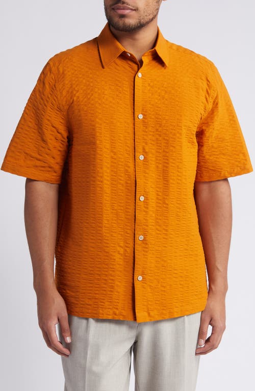 Verdon Relaxed Fit Solid Short Sleeve Cotton Seersucker Button-Up Shirt in Dark Orange