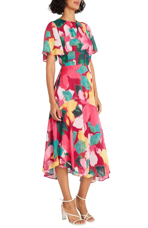 Shop Maggy London Print Flutter Sleeve Asymmetric Midi Dress In Beetroot/yellow Jacket