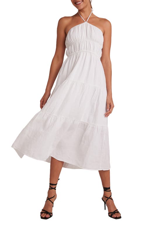 Gathered Halter Linen Midi Dress in White