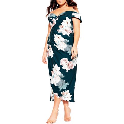 Plus Size City Chic Floral Print Off The Shoulder Faux Wrap Dress, Green