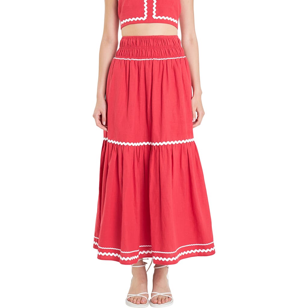 English Factory Rickrack Linen Blend Maxi Skirt In Red