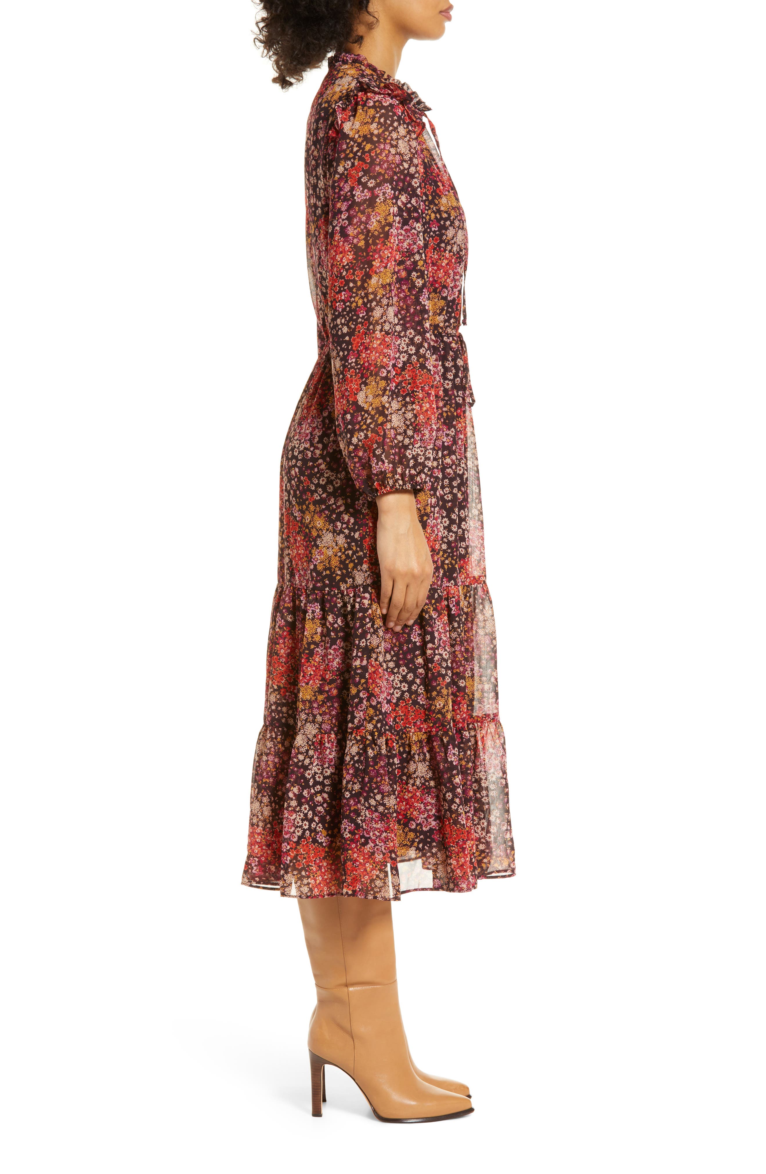 Julia Jordan Floral Print Long Sleeve Tiered Midi Dress in Brown Multi at Nordstrom, Size 4