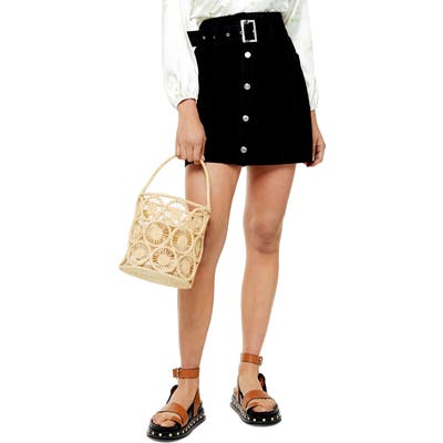 Topshop Button Front Belted Denim Miniskirt, US (fits like 6-8) - Black