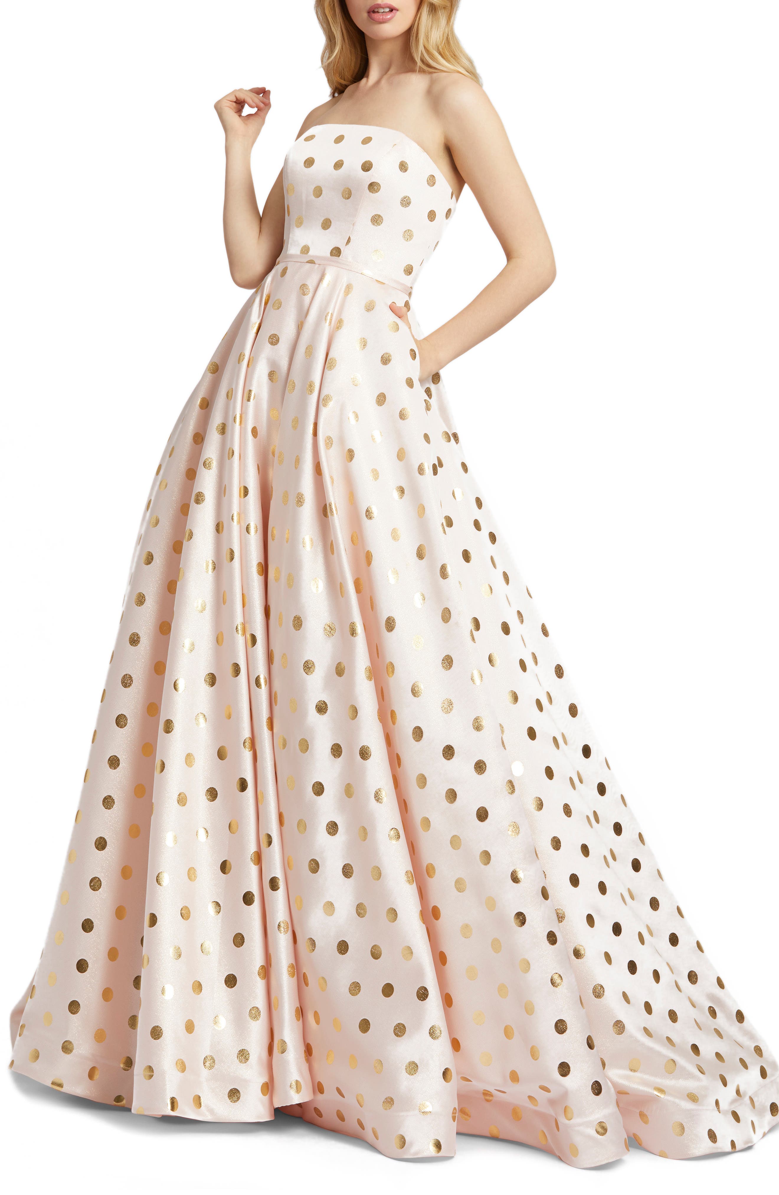 white and gold polka dot dress