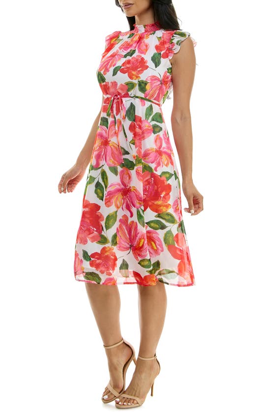 Nina Leonard Smock Chiffon Midi Dress In Dragon Fruit Multi