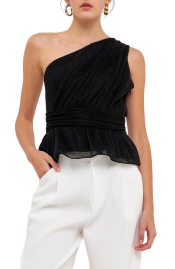 Endless Rose One-shoulder Textured Tulle Top In Black