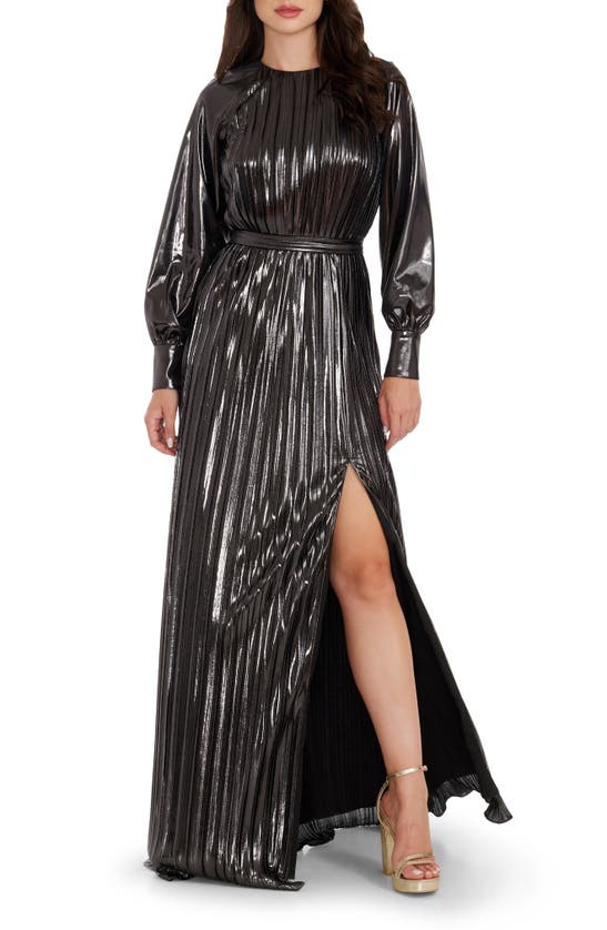 DRESS THE POPULATION DRESS THE POPULATION CALISTA METALLIC JACQUARD STRIPE LONG SLEEVE GOWN