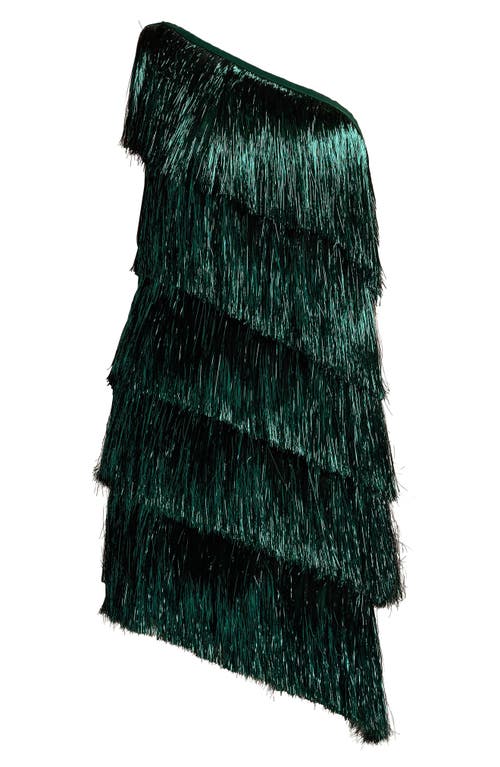 Shop Sho By Tadashi Shoji Metallic Fringe One-shoulder Cocktail Dress In Jungle Green