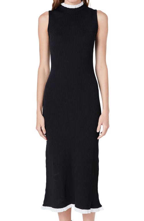 Endless Rose Ruffle Trim Rib Midi Dress In Black