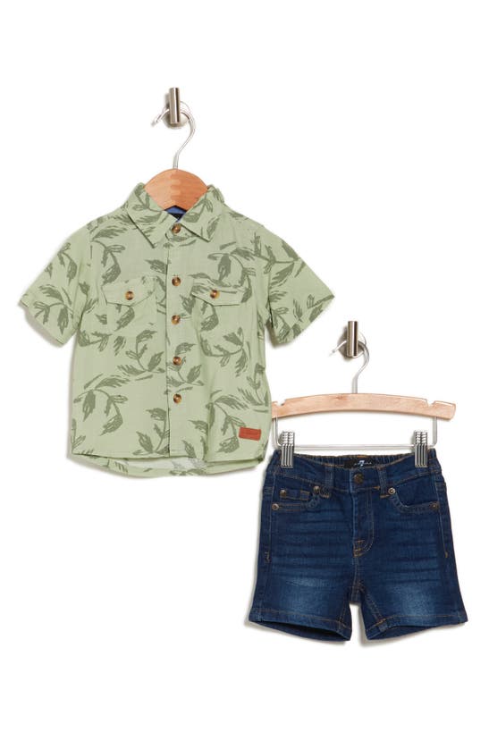 Shop 7 For All Mankind Woven Shirt & Denim Shorts Set In Algae