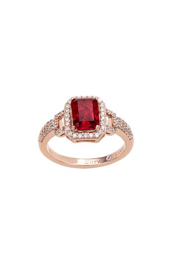 Suzy Levian Emerald Cut Halo Ring In Red