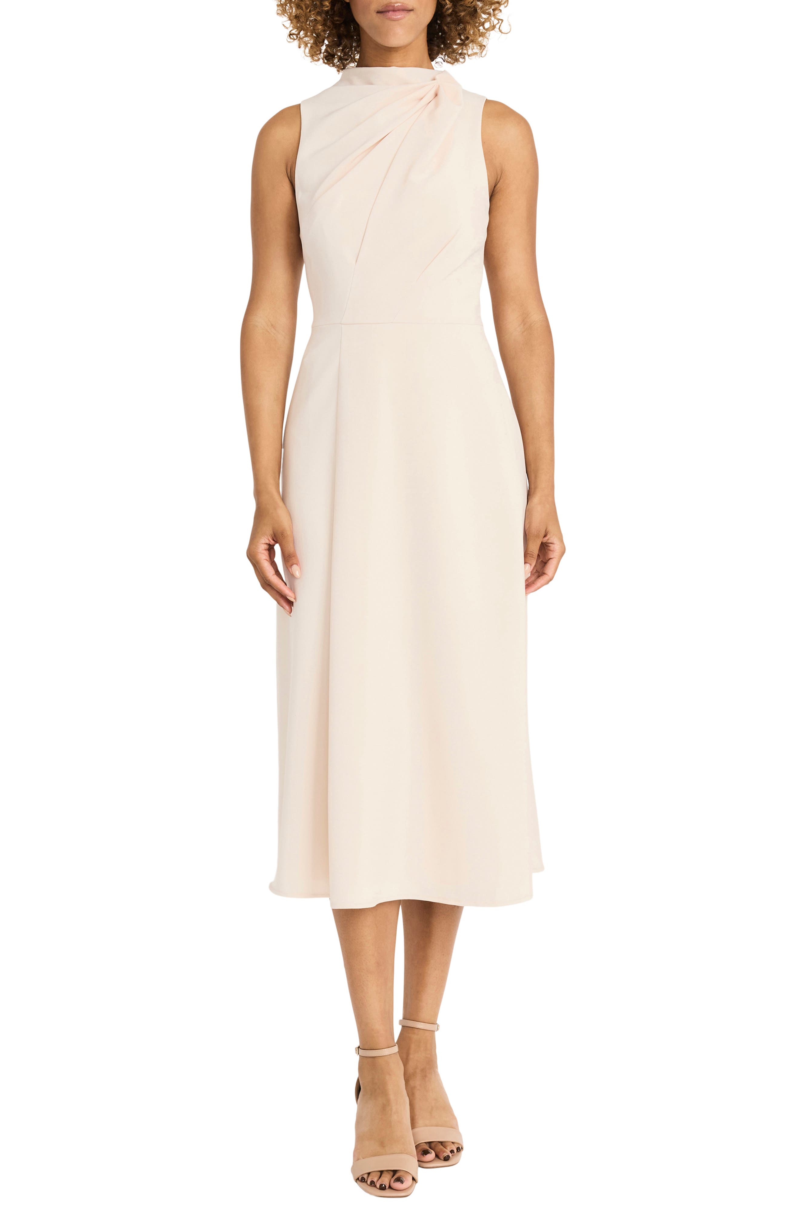 Maggy London Draped Bodice Flared Midi Dress in Horn 