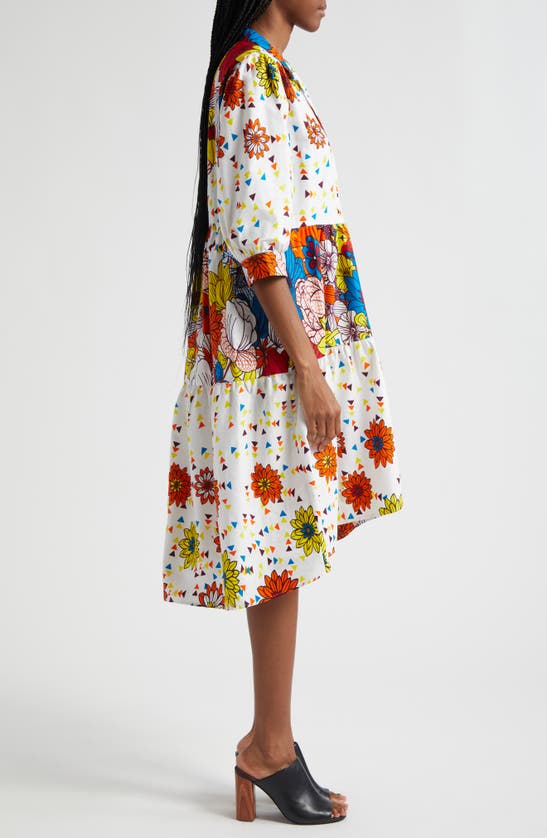 Shop The Oula Company Mixed Print Tiered High-low Shirtdress In Blue Orange Ruby Golden