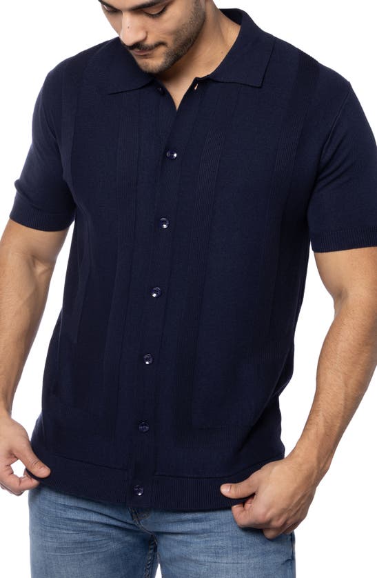 Spring + Mercer Textured Short Sleeve Button-up Sweater In Navy