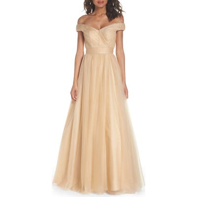 MAC Duggal Off The Shoulder Tulle Ballgown, Beige