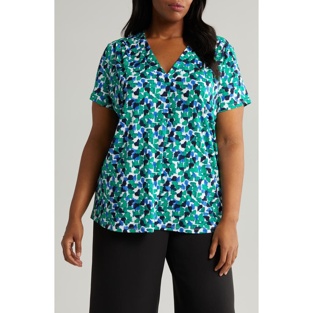 Jones New York Abstract Print Pleat Front Top in Nyc White/Kelly Multi