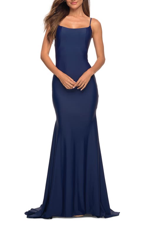 La Femme Sleeveless Jersey Gown with Train in Navy