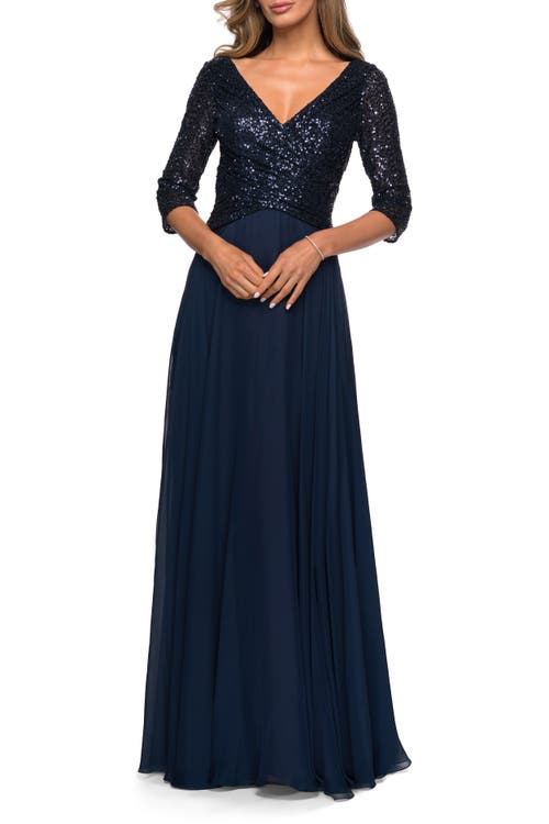 Shop La Femme Long Chiffon Evening Gown With Sequined Bodice In Navy