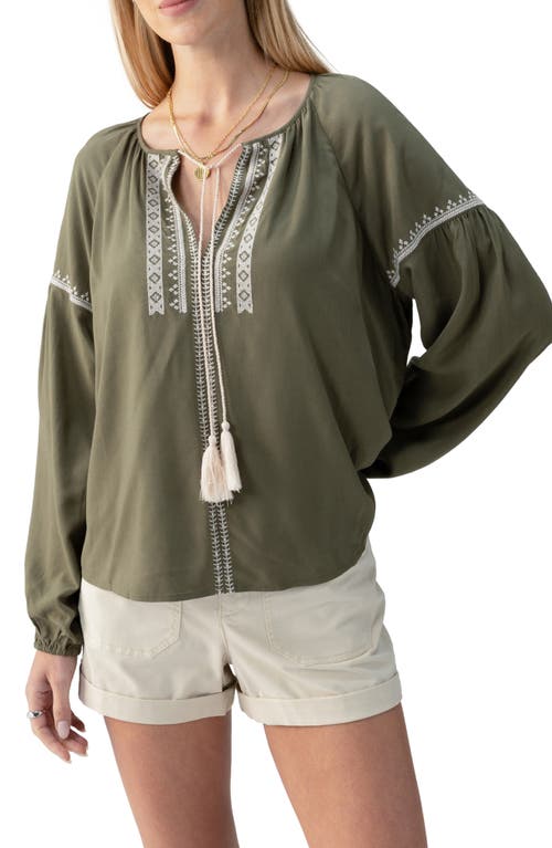 Embroidered Tie Neck Top in Burnt Olive