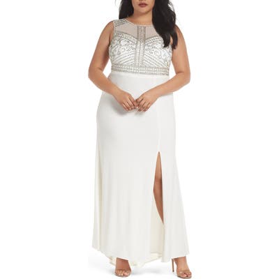 Plus Size Morgan & Co. Beaded Sheer Back Gown, Ivory